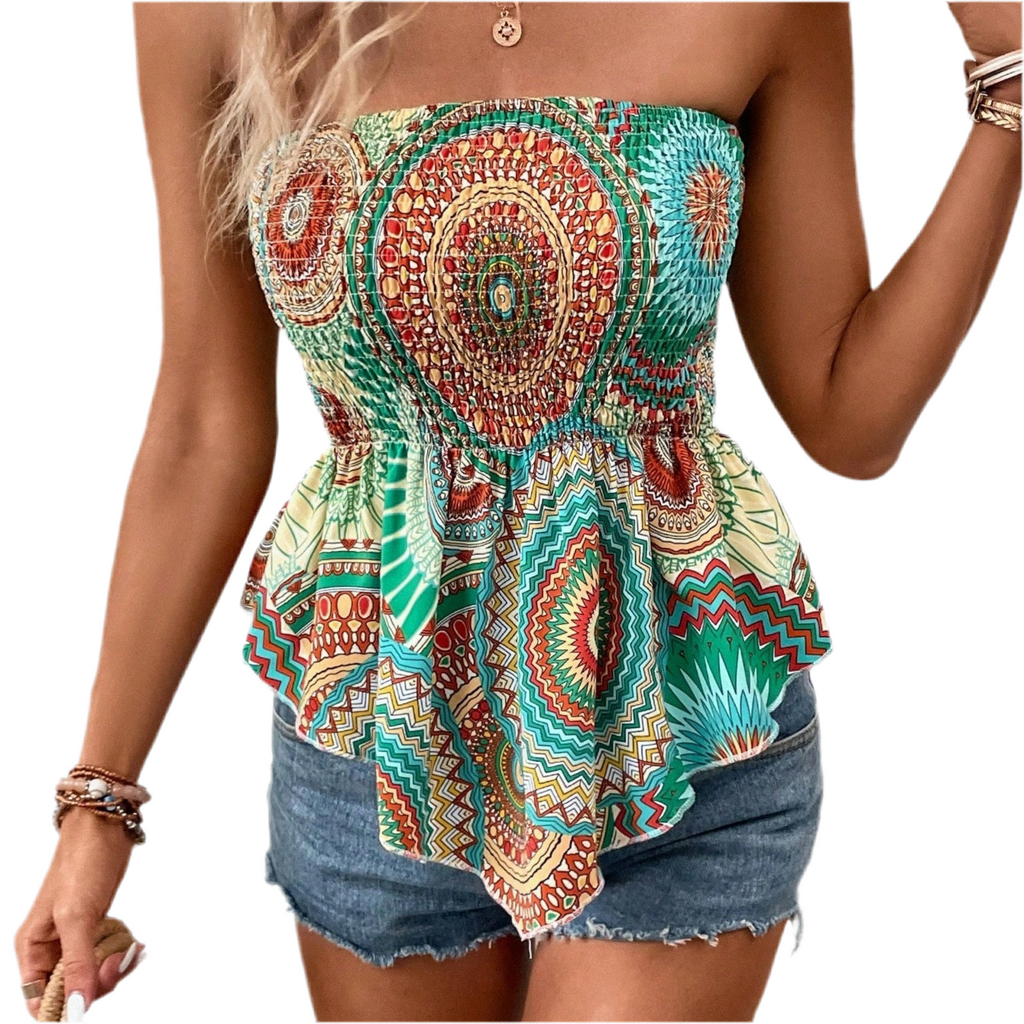 Mandala Print Tube Top – Asymmetrical Hem Bodycon Crop for Summer Vibes