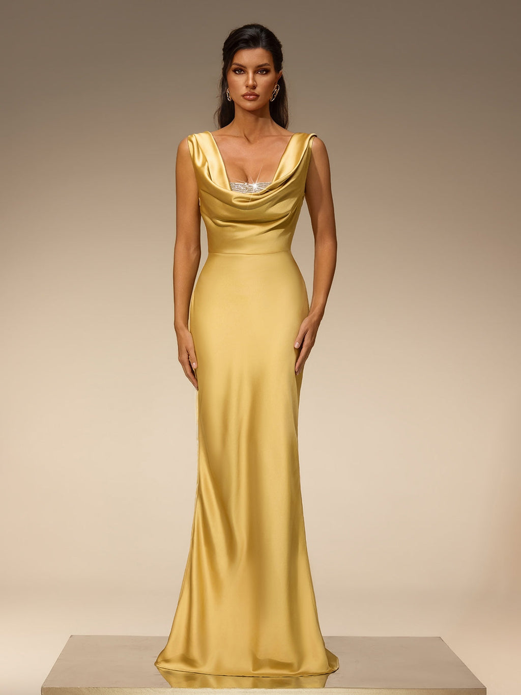 Evoryn Cowl Neck Satin Maxi Dress