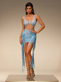 Fenric Rhinestone Fringe Mesh Mini Dress