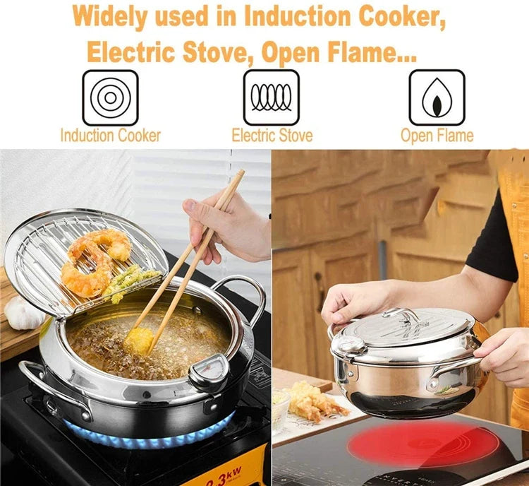 LMETJMA Japanese Deep Frying Pot with a Thermometer and a Lid 304 Stainless Steel Kitchen Tempura Fryer Pan 20 24 cm KC0405