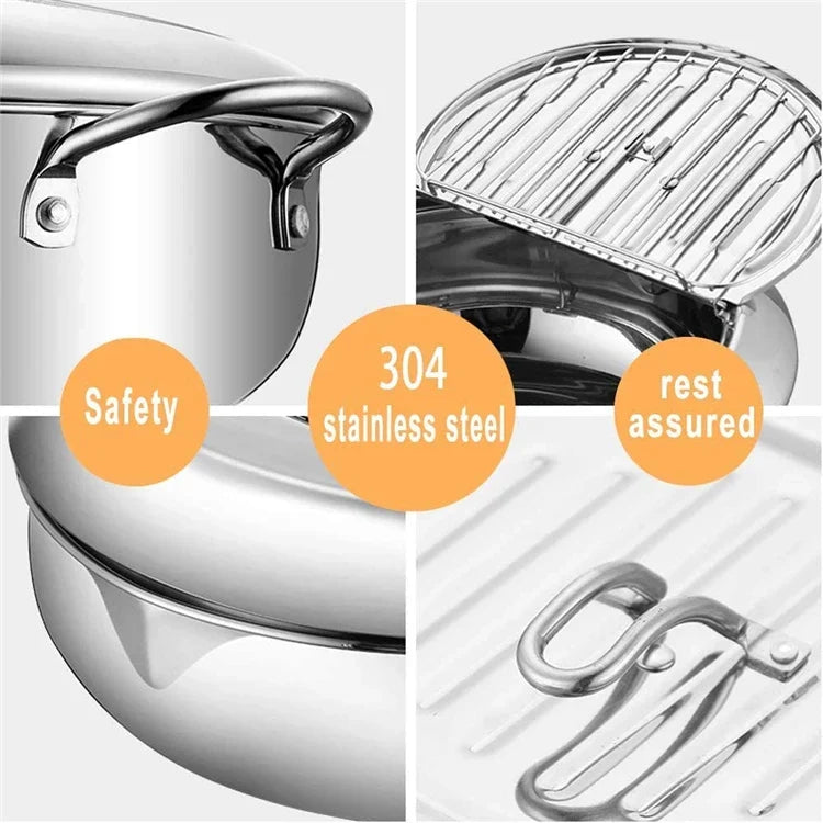 LMETJMA Japanese Deep Frying Pot with a Thermometer and a Lid 304 Stainless Steel Kitchen Tempura Fryer Pan 20 24 cm KC0405