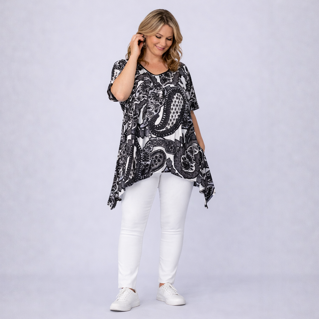 Navy White Paisley Hanky Hem Swing Top