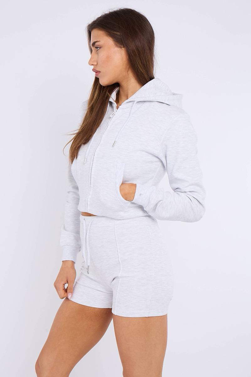 Zipped Hooded Crop Top & Seam Detail Shorts Fleece Co-ord