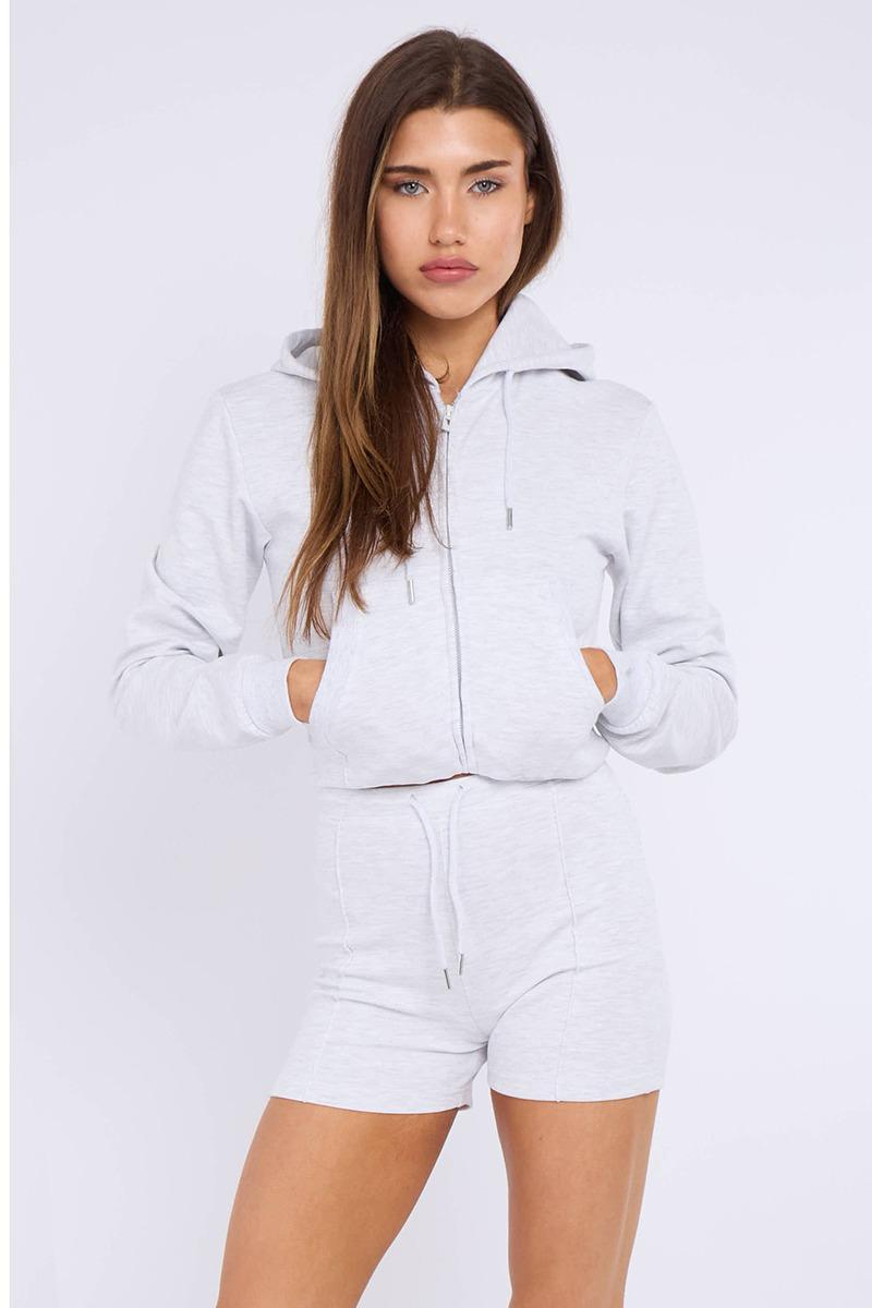 Zipped Hooded Crop Top & Seam Detail Shorts Fleece Co-ord