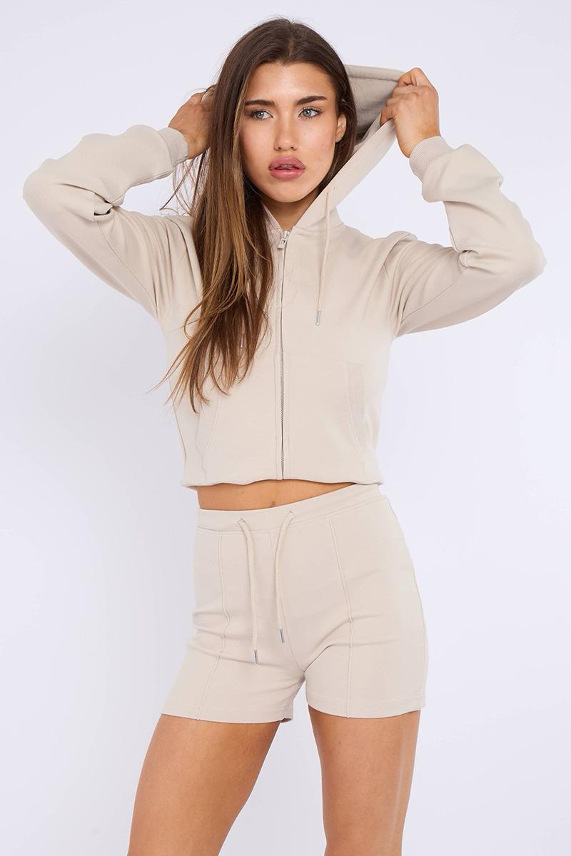 Zipped Hooded Crop Top & Seam Detail Shorts Fleece Co-ord