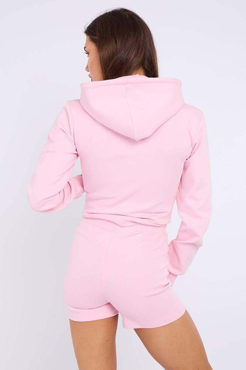 Zipped Hooded Crop Top & Seam Detail Shorts Fleece Co-ord