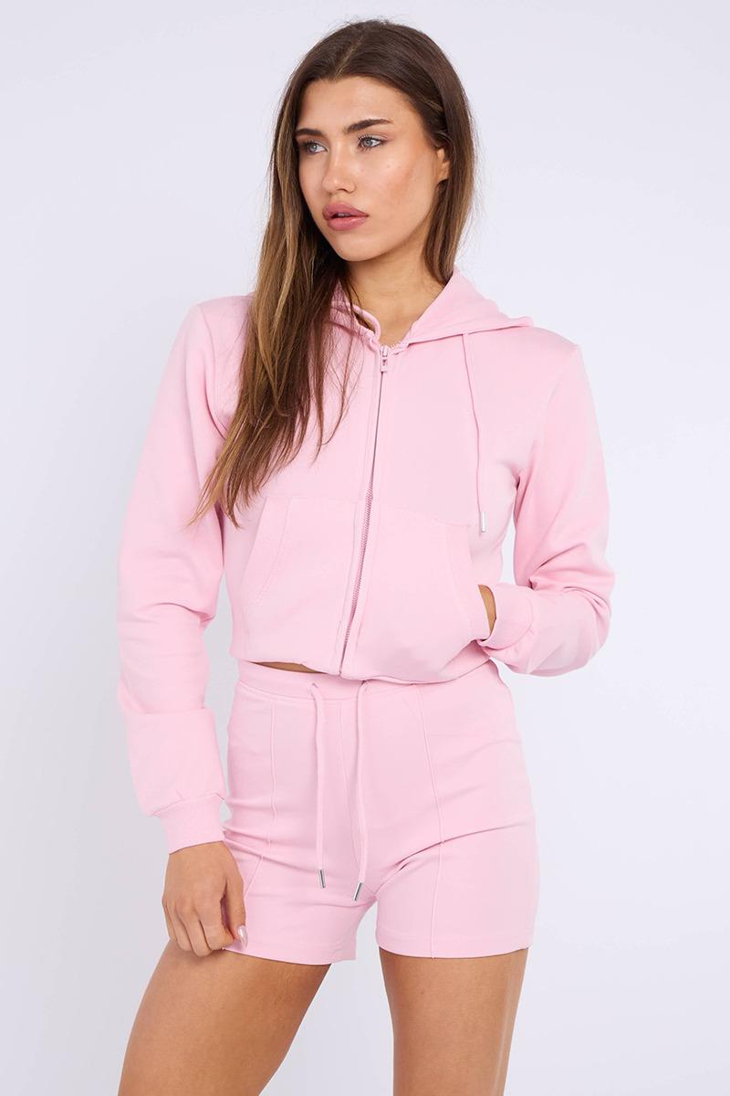 Zipped Hooded Crop Top & Seam Detail Shorts Fleece Co-ord