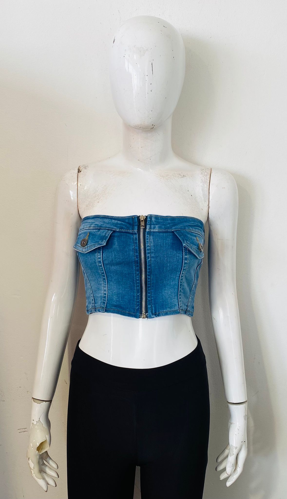 Fake Pocket Bandeau Denim Crop Top