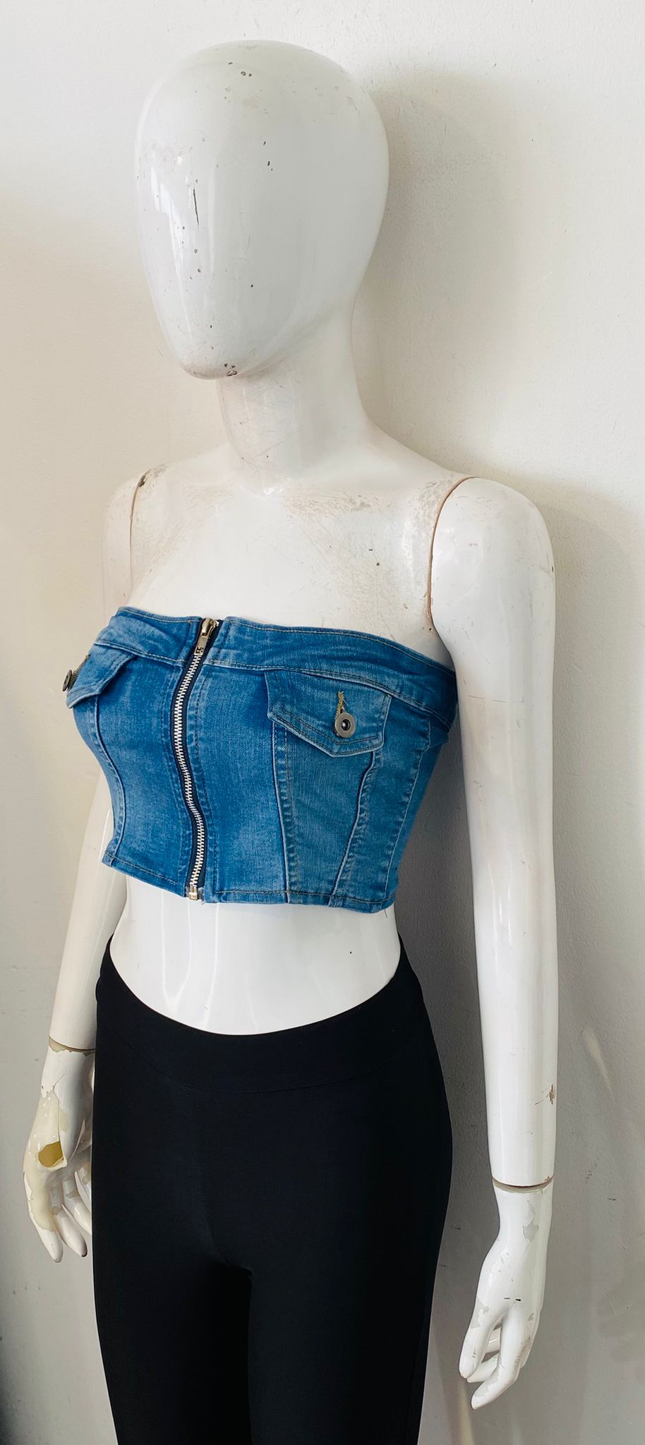 Fake Pocket Bandeau Denim Crop Top