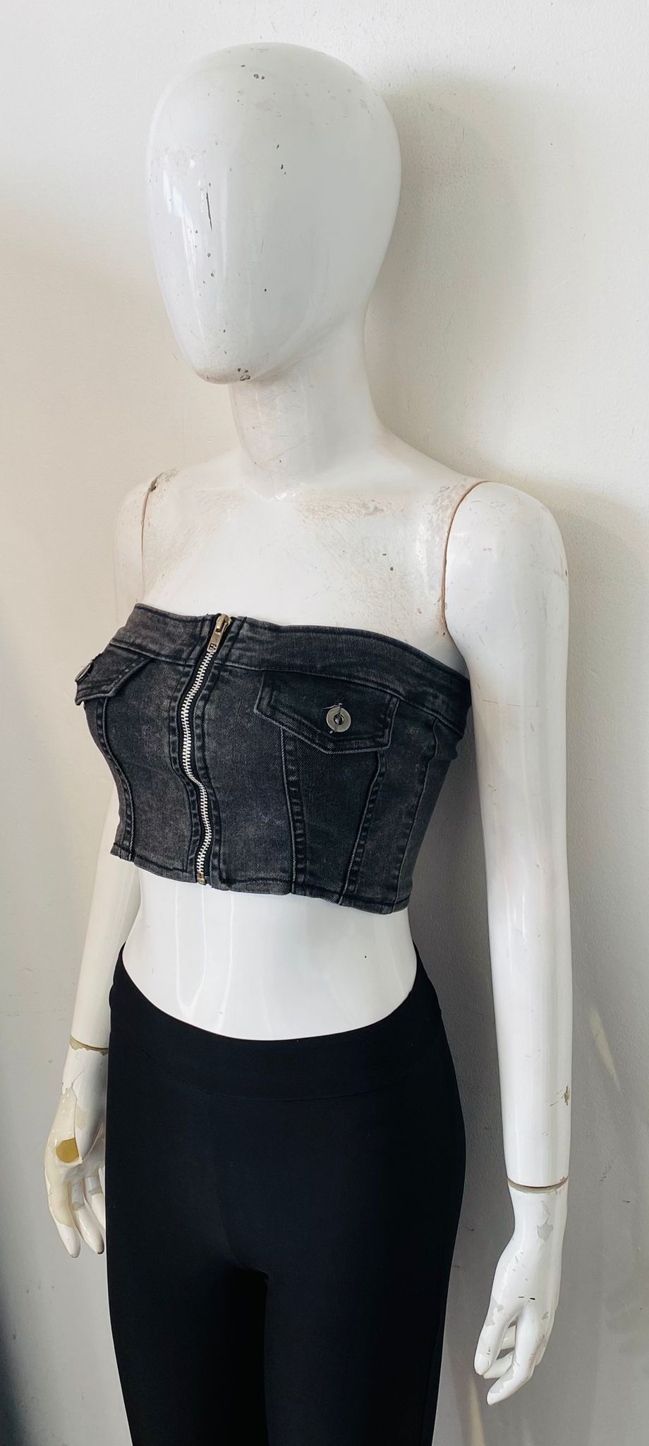 Fake Pocket Bandeau Denim Crop Top