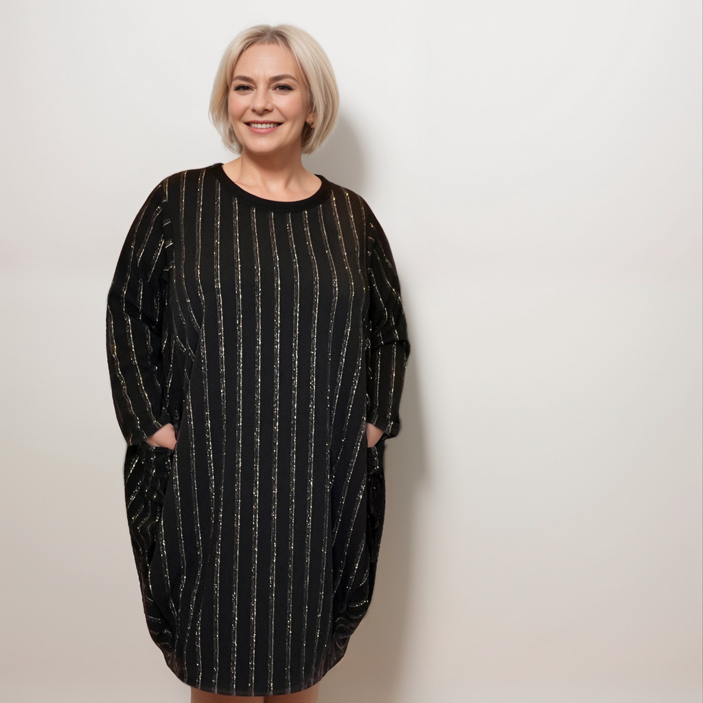 STRIPED JUMPER DRESS WITH SPARKLY THREAD