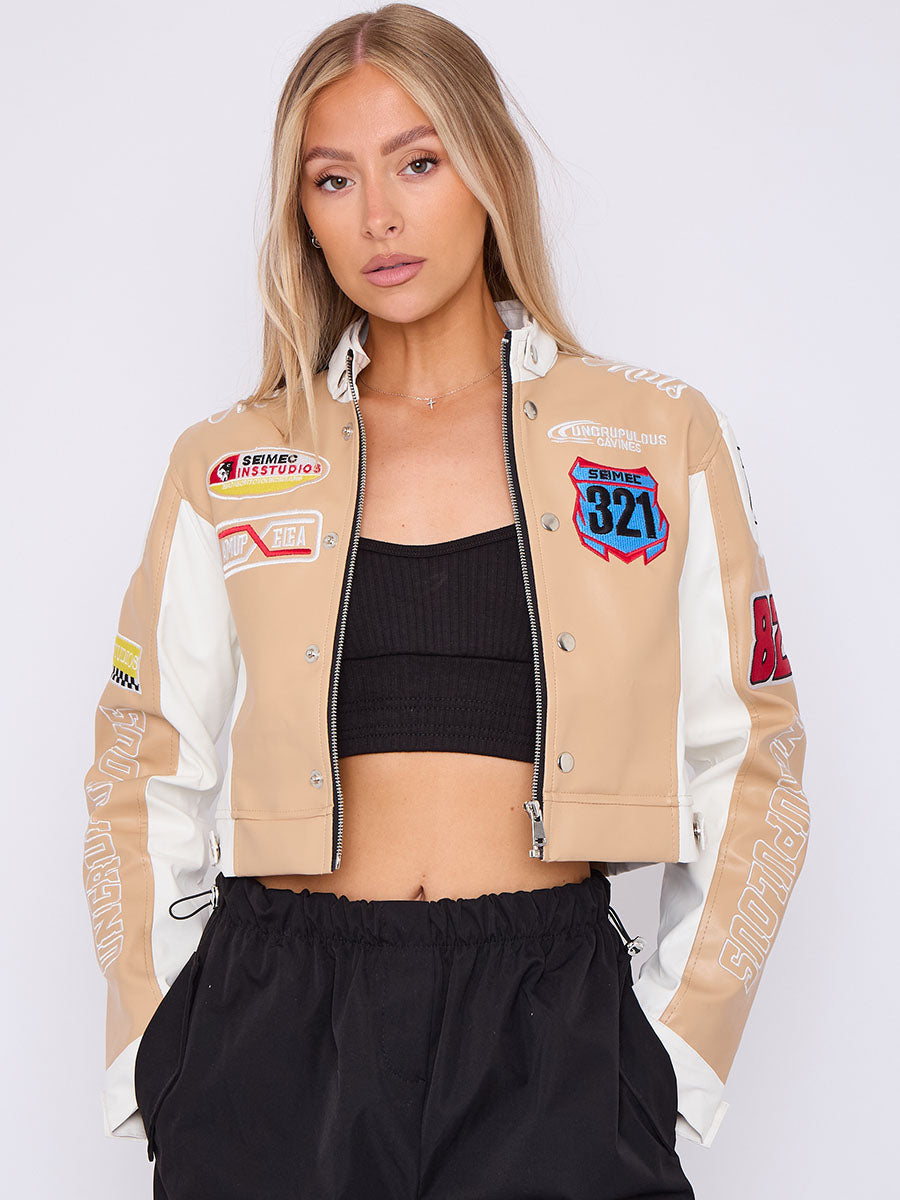 Colour Block Embroidered Vintage PU Biker Jacket
