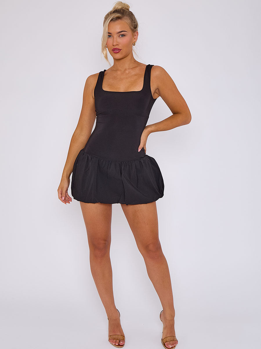 Square Neck Puffed Hem Mini Balloon Dress