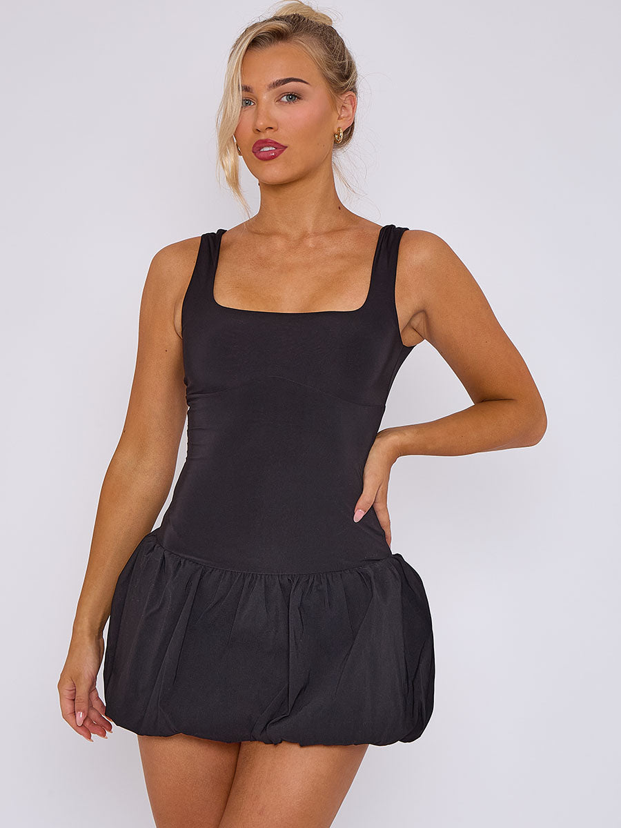 Square Neck Puffed Hem Mini Balloon Dress