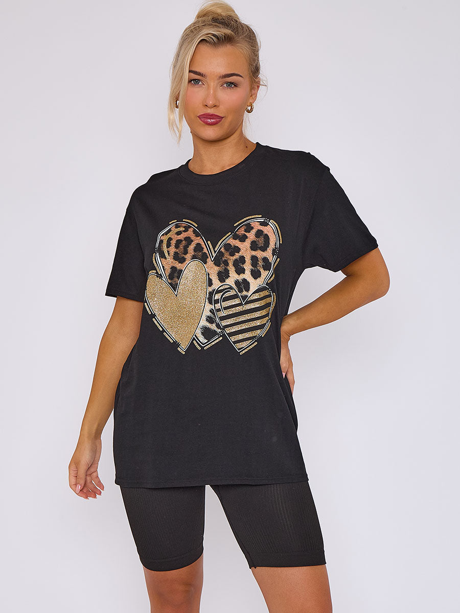 Three Hearts Graphic Printed T-Shirt