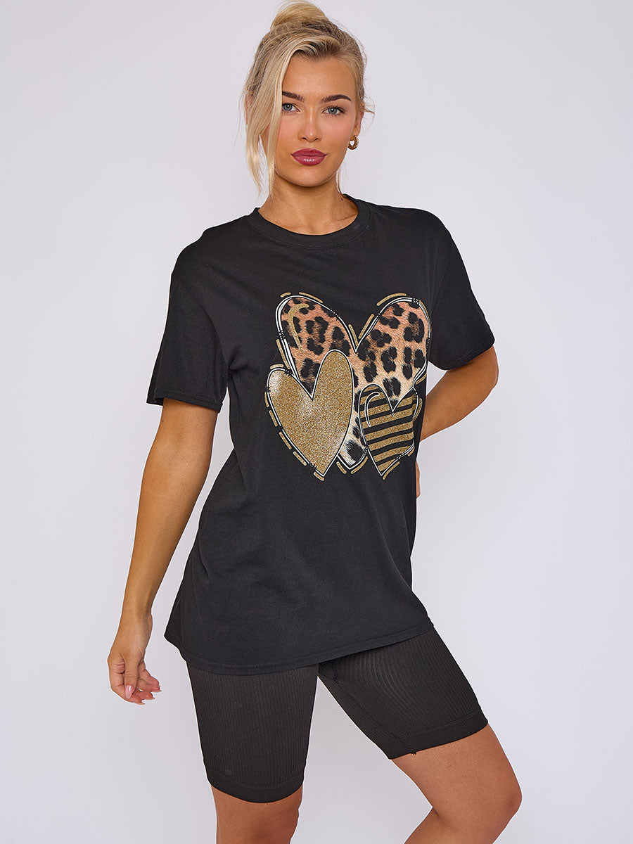 Three Hearts Graphic Printed T-Shirt