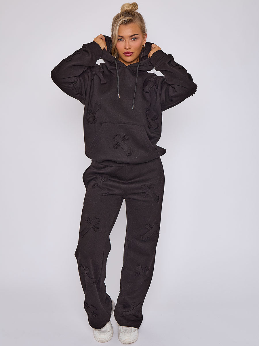 Oversized Crucifix Embroidered Hooded Fleece Co-ord
