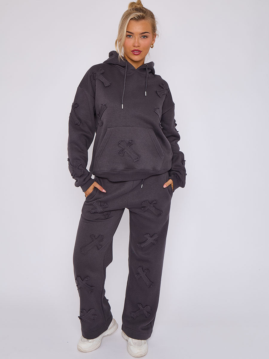 Oversized Crucifix Embroidered Hooded Fleece Co-ord