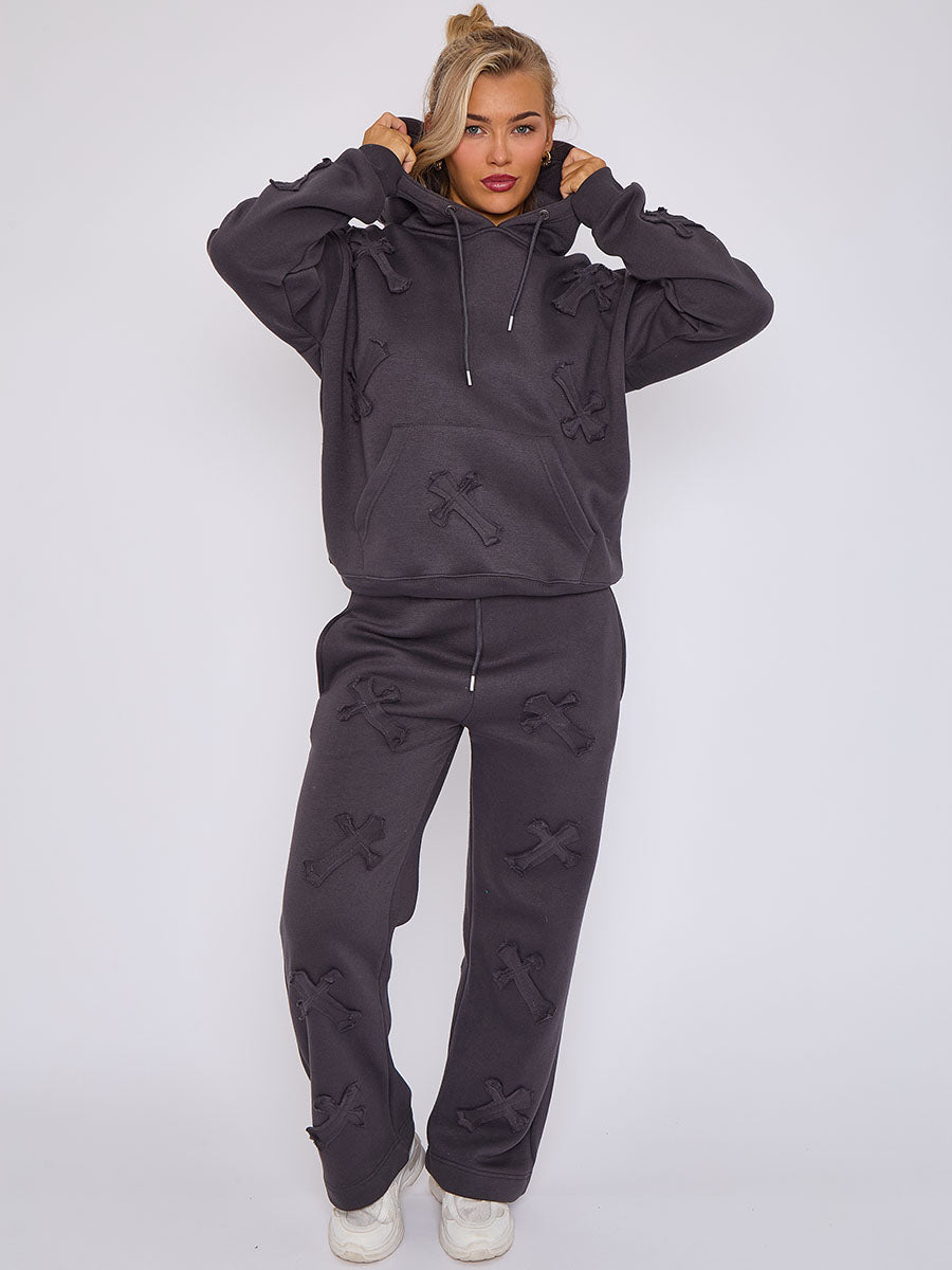 Oversized Crucifix Embroidered Hooded Fleece Co-ord