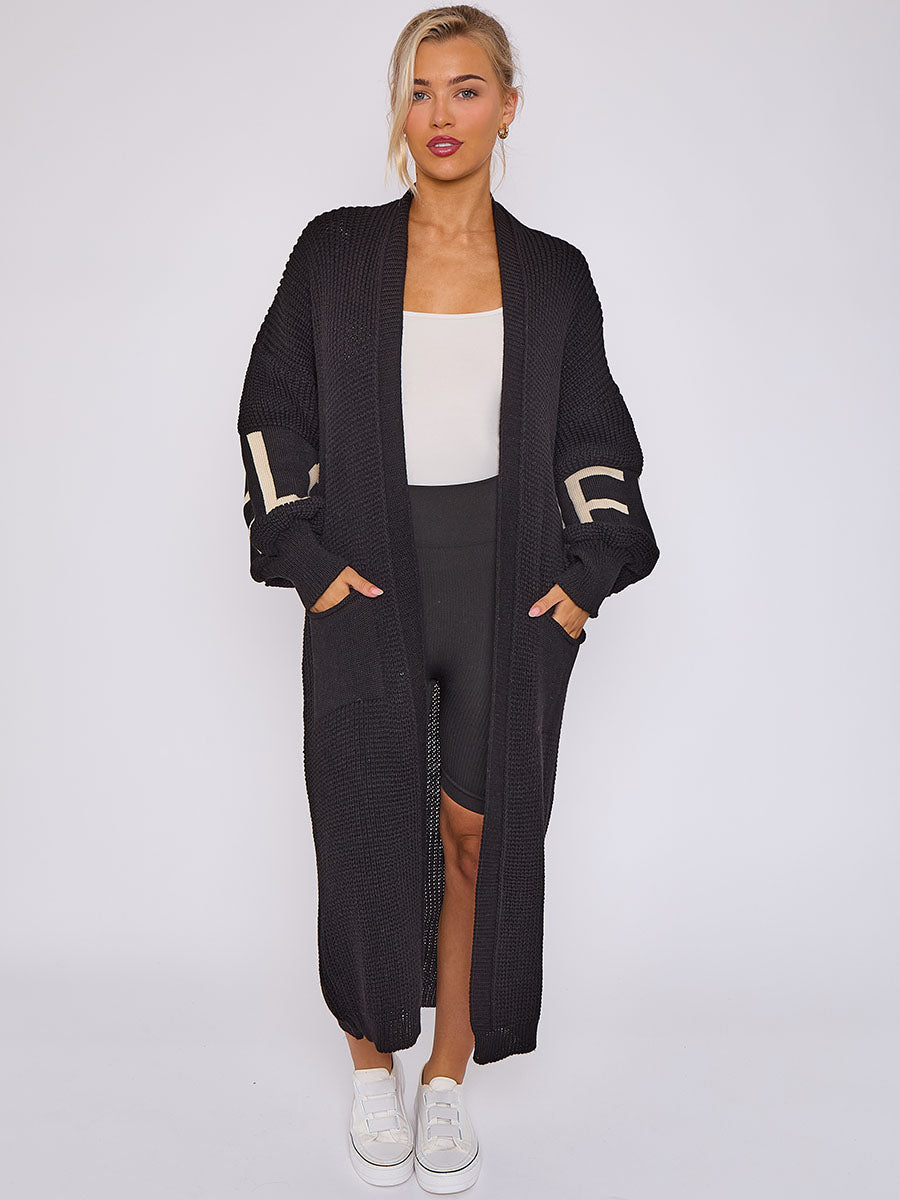 LOVE Detail Balloon Sleeves Knitted Open Cardigan