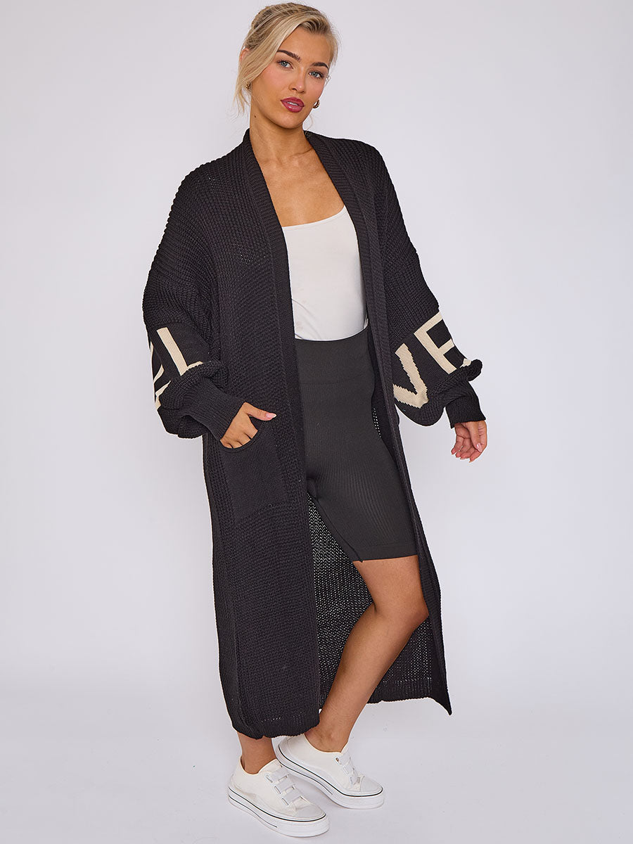 LOVE Detail Balloon Sleeves Knitted Open Cardigan