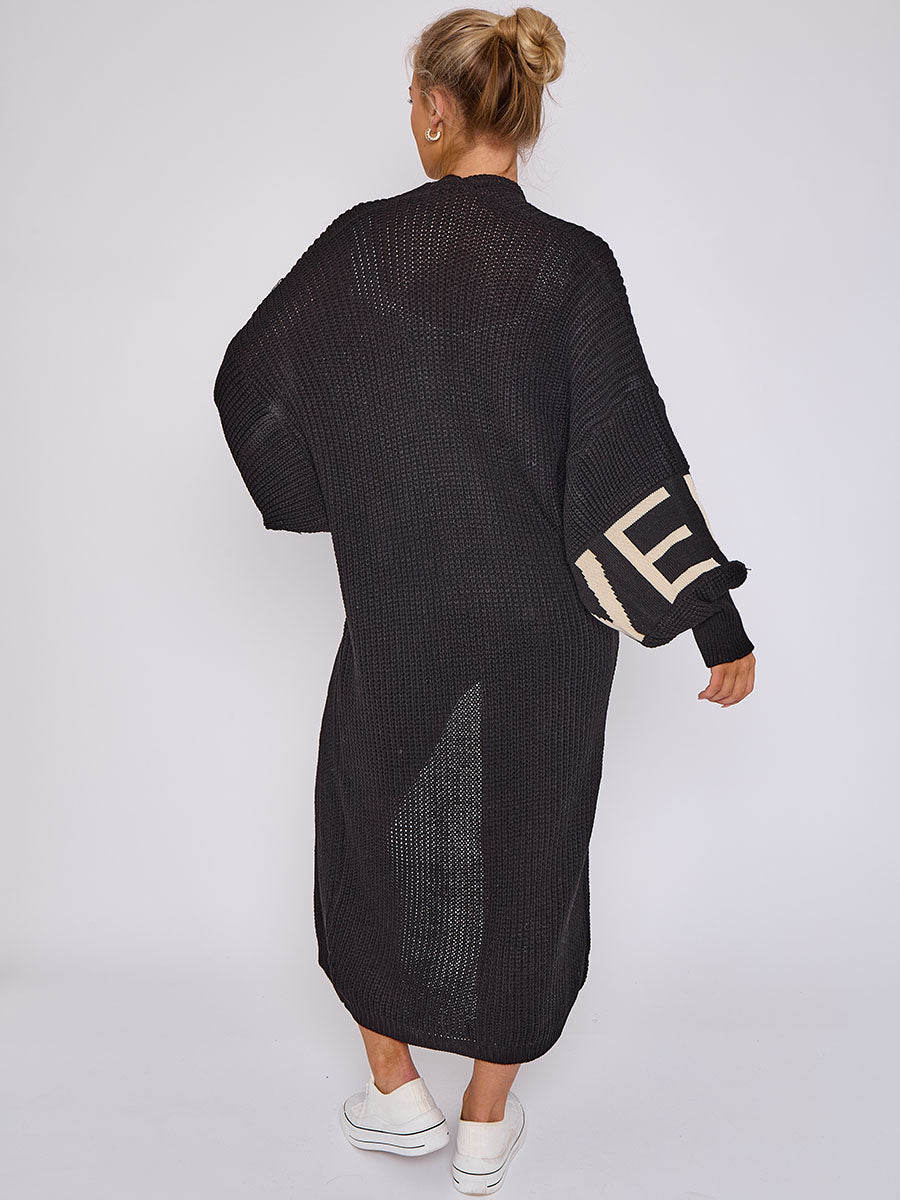 LOVE Detail Balloon Sleeves Knitted Open Cardigan