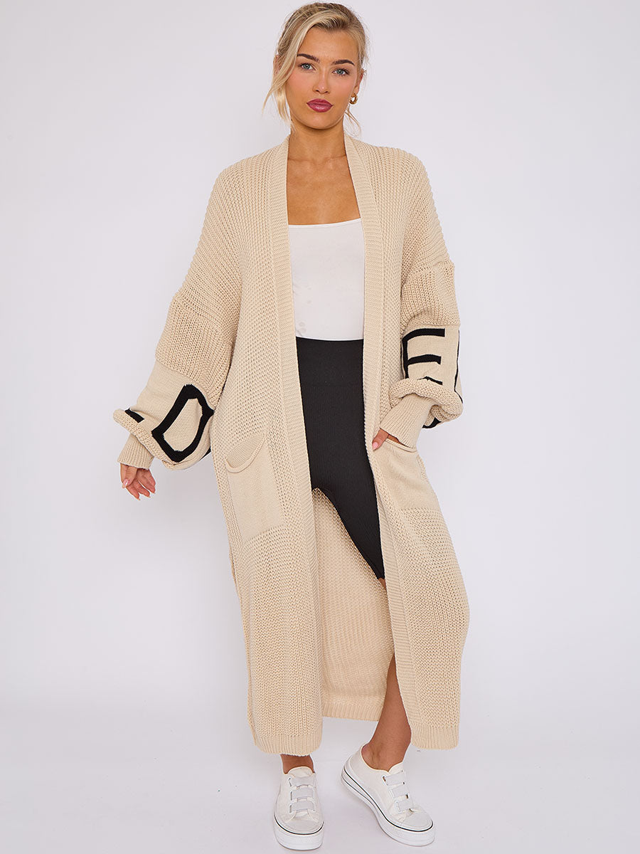 LOVE Detail Balloon Sleeves Knitted Open Cardigan