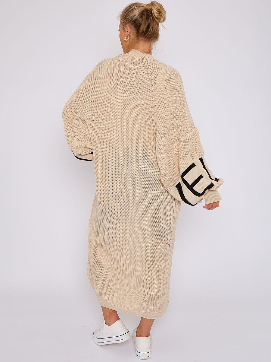 LOVE Detail Balloon Sleeves Knitted Open Cardigan