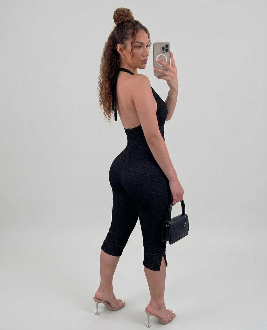 Halter Neck Lace Capri Jumpsuit
