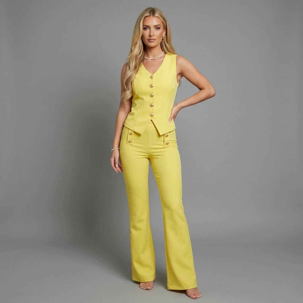 Button Waistcoat Top & Wide Leg Trouser Set