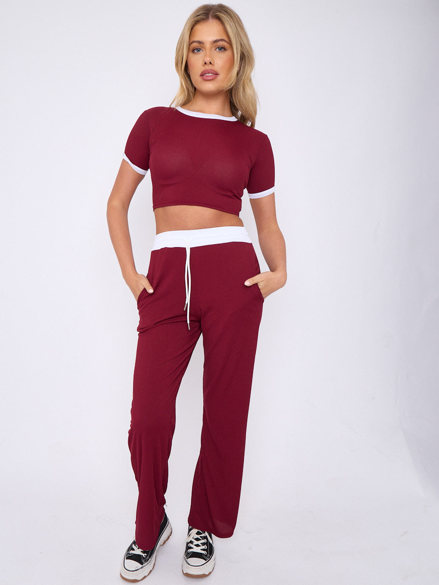 Contrast Trim Ribbed Crop Top & Wide Leg Trouser Co-ord