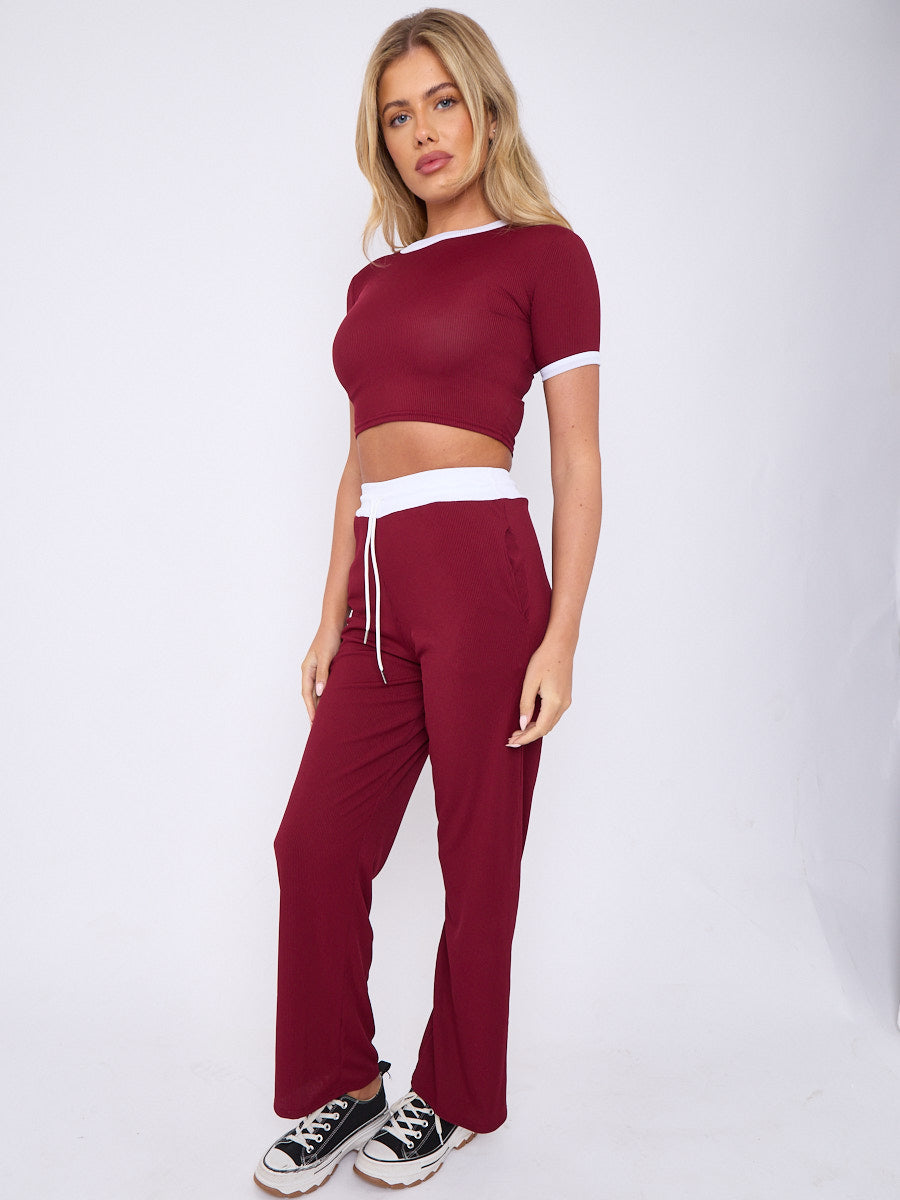 Contrast Trim Ribbed Crop Top & Wide Leg Trouser Co-ord