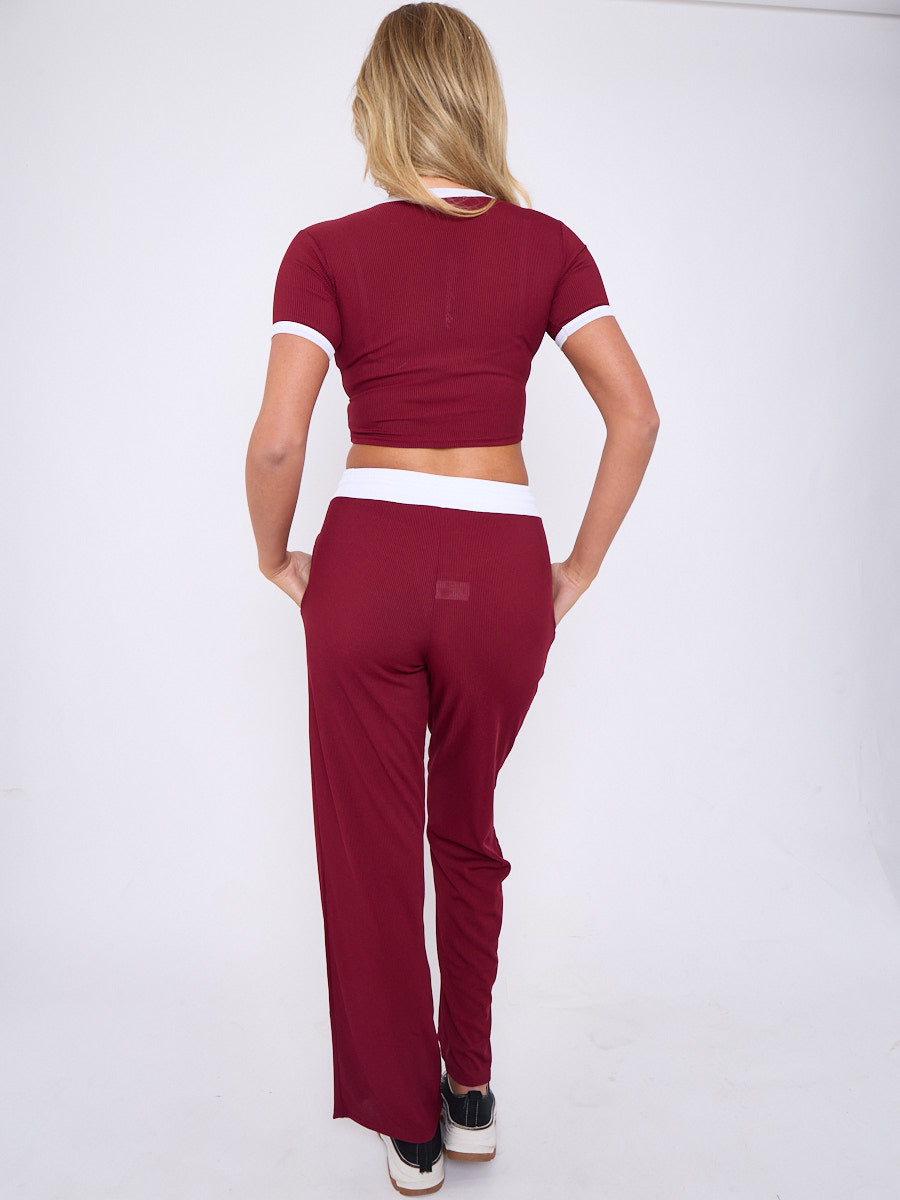 Contrast Trim Ribbed Crop Top & Wide Leg Trouser Co-ord