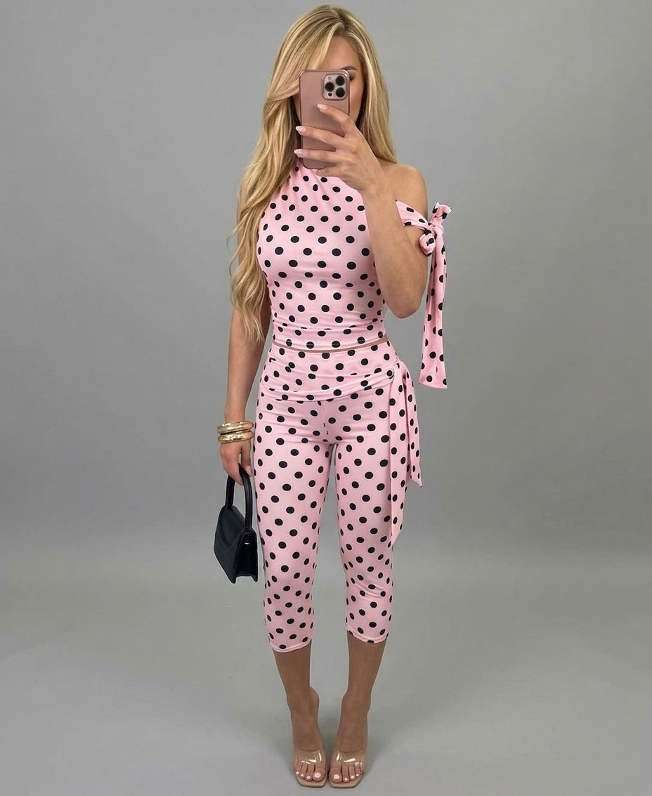Polka Dot Tie Drop Shoulder Top and 3/4 Legging Co-ord