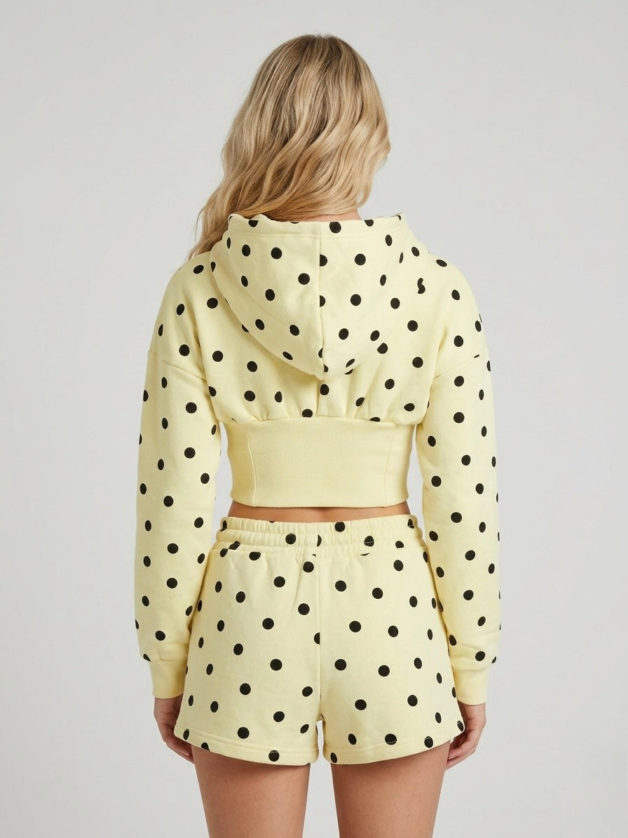 Polka Dot Cropped Hoodie & Matching Drawstring Shorts Set