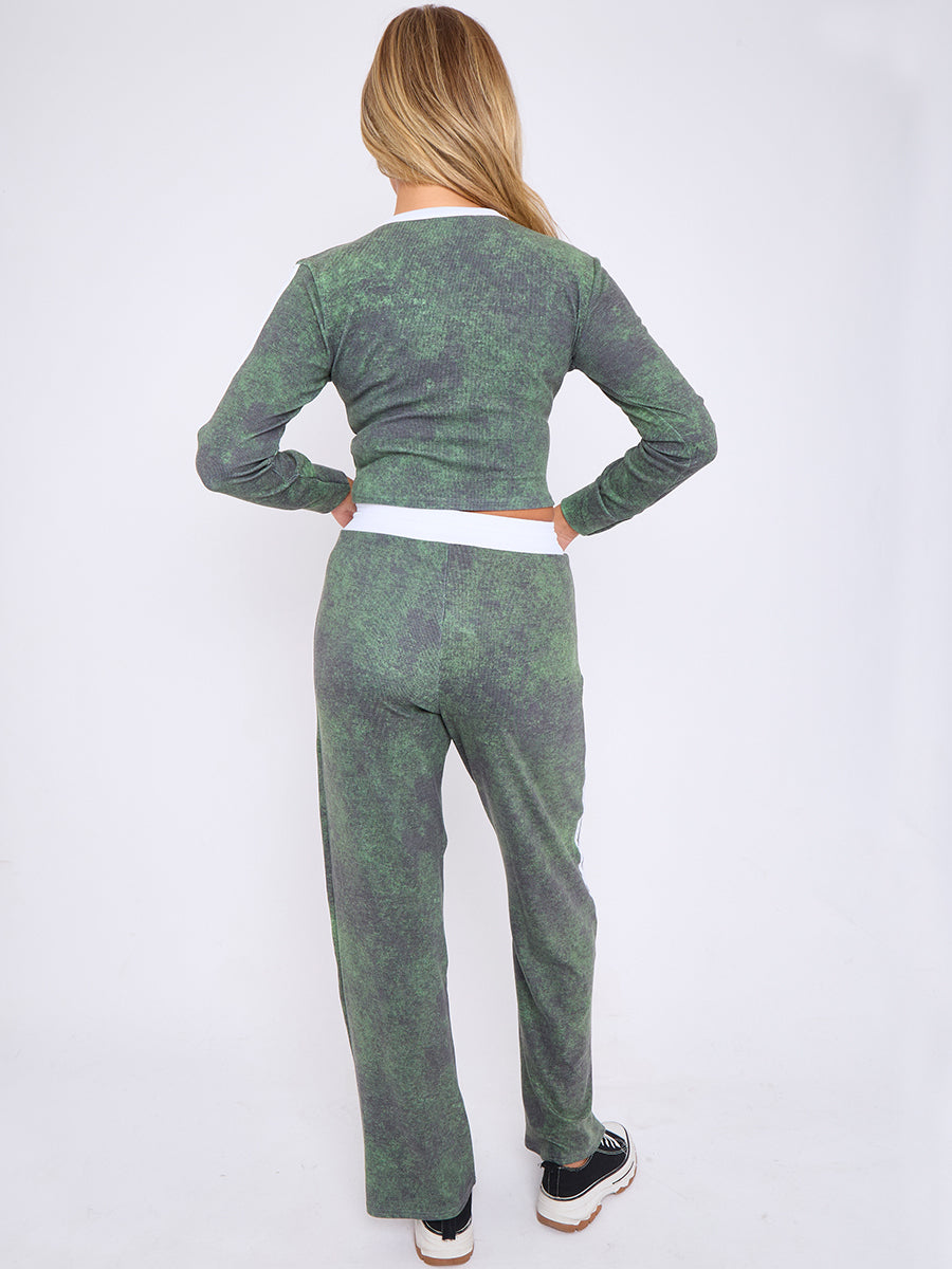 Acid Wash Ribbed Crop Top &amp; Trouser Co-ord With Stripe Detail