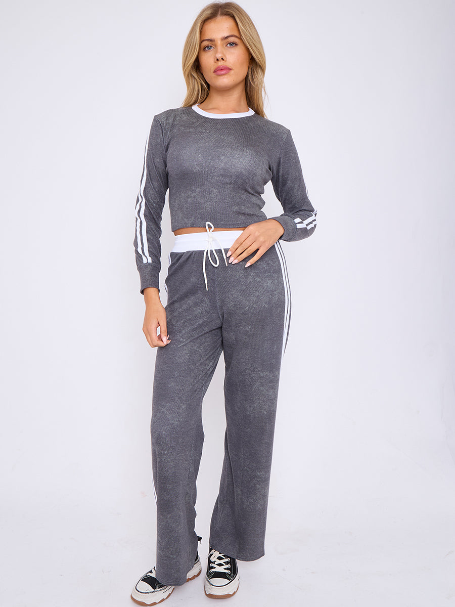 Acid Wash Ribbed Crop Top &amp; Trouser Co-ord With Stripe Detail