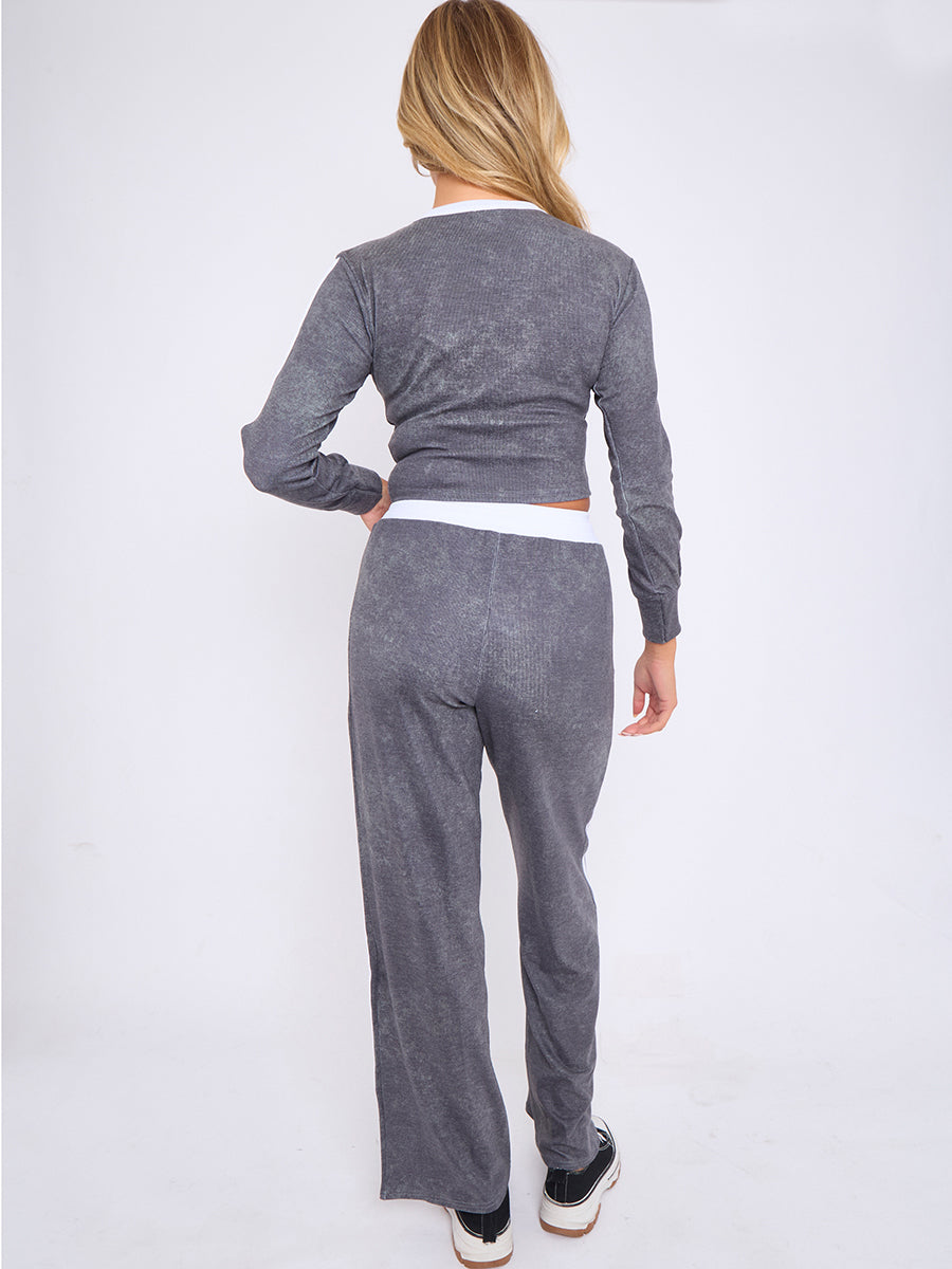 Acid Wash Ribbed Crop Top &amp; Trouser Co-ord With Stripe Detail