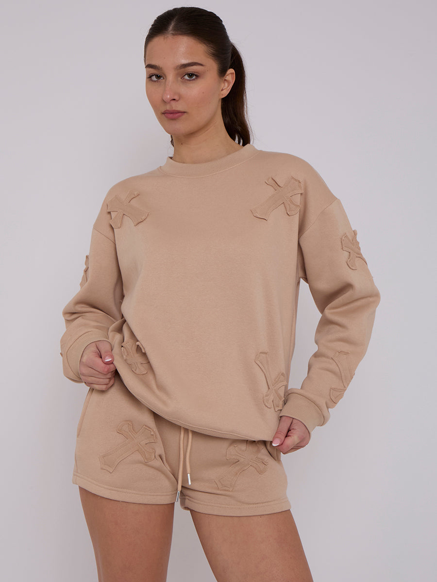 Crucifix Embroidered Sweatshirt & Shorts Fleece Co-ord