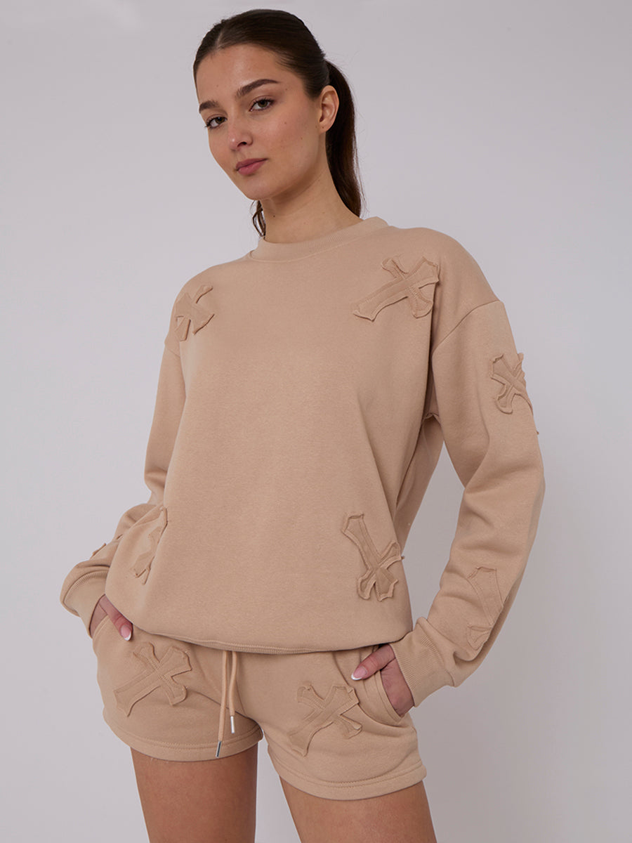 Crucifix Embroidered Sweatshirt & Shorts Fleece Co-ord