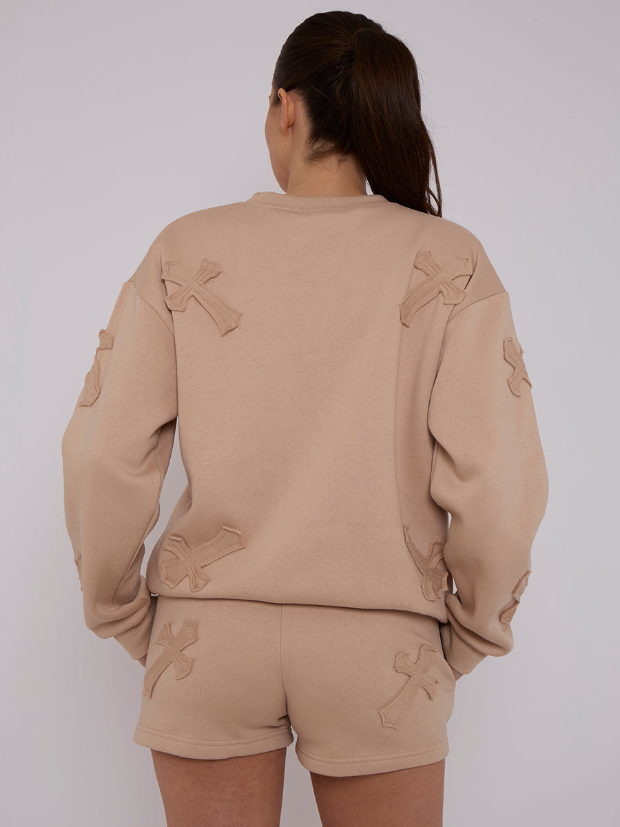 Crucifix Embroidered Sweatshirt & Shorts Fleece Co-ord