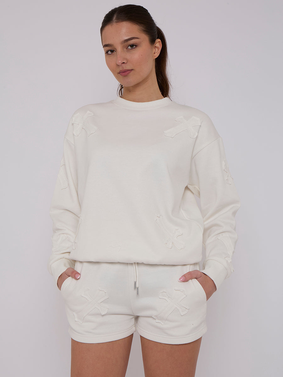 Crucifix Embroidered Sweatshirt & Shorts Fleece Co-ord