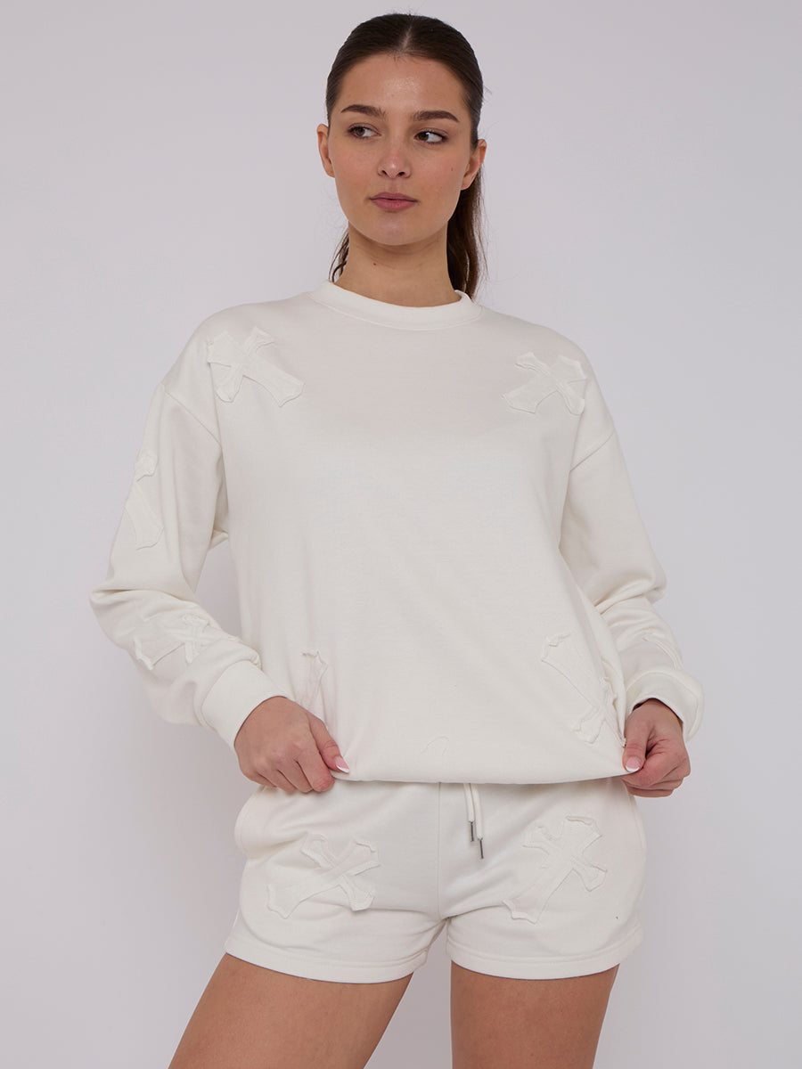 Crucifix Embroidered Sweatshirt & Shorts Fleece Co-ord