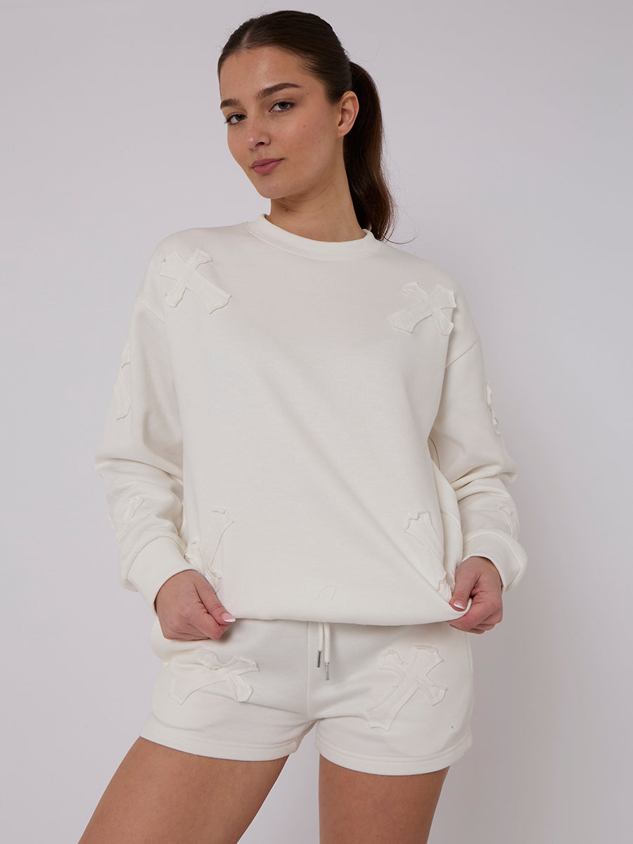 Crucifix Embroidered Sweatshirt & Shorts Fleece Co-ord