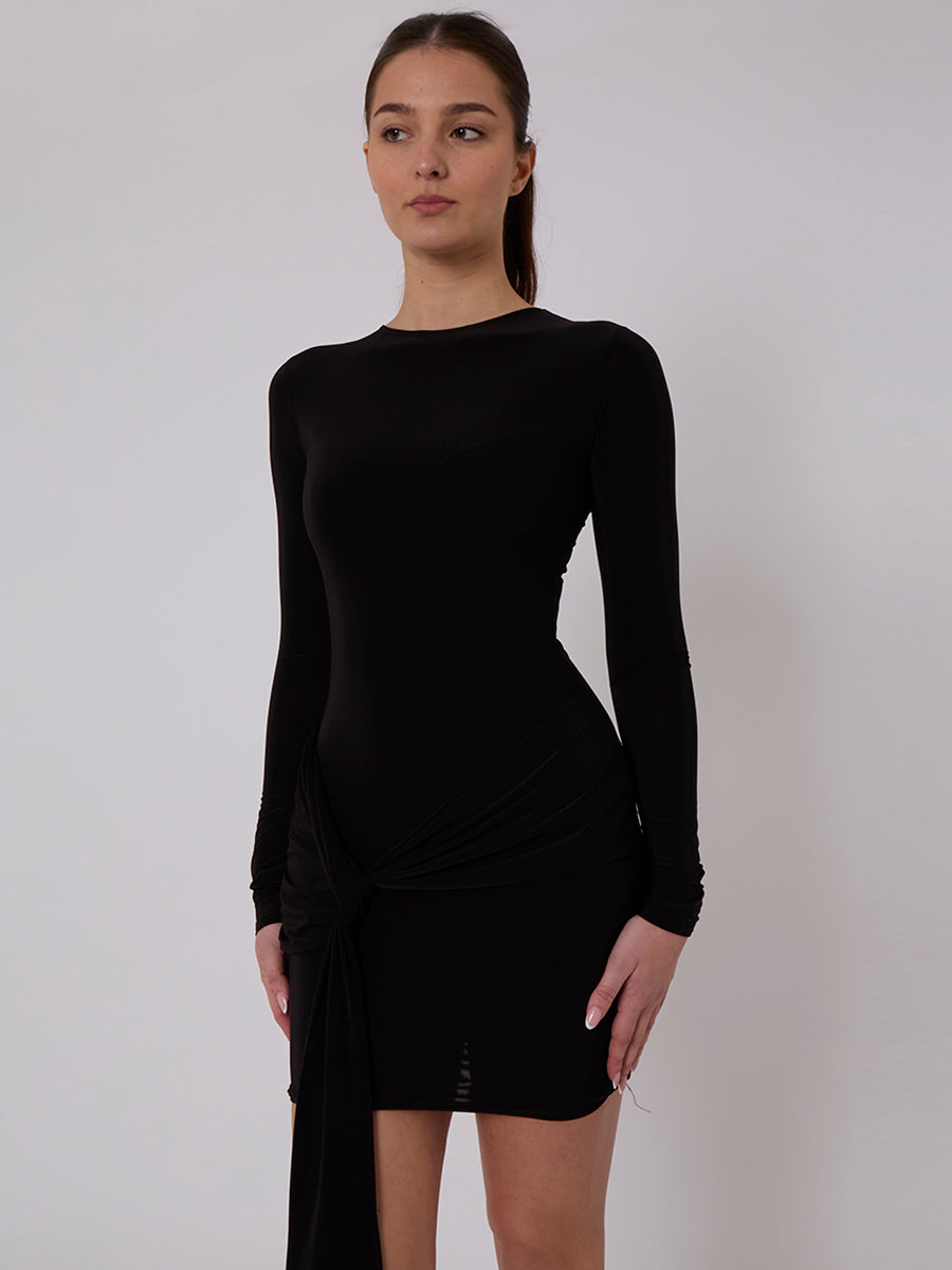 Long Sleeve Knot Front Slinky Dress