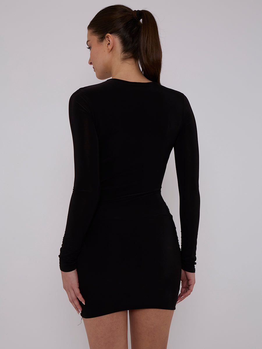 Long Sleeve Knot Front Slinky Dress