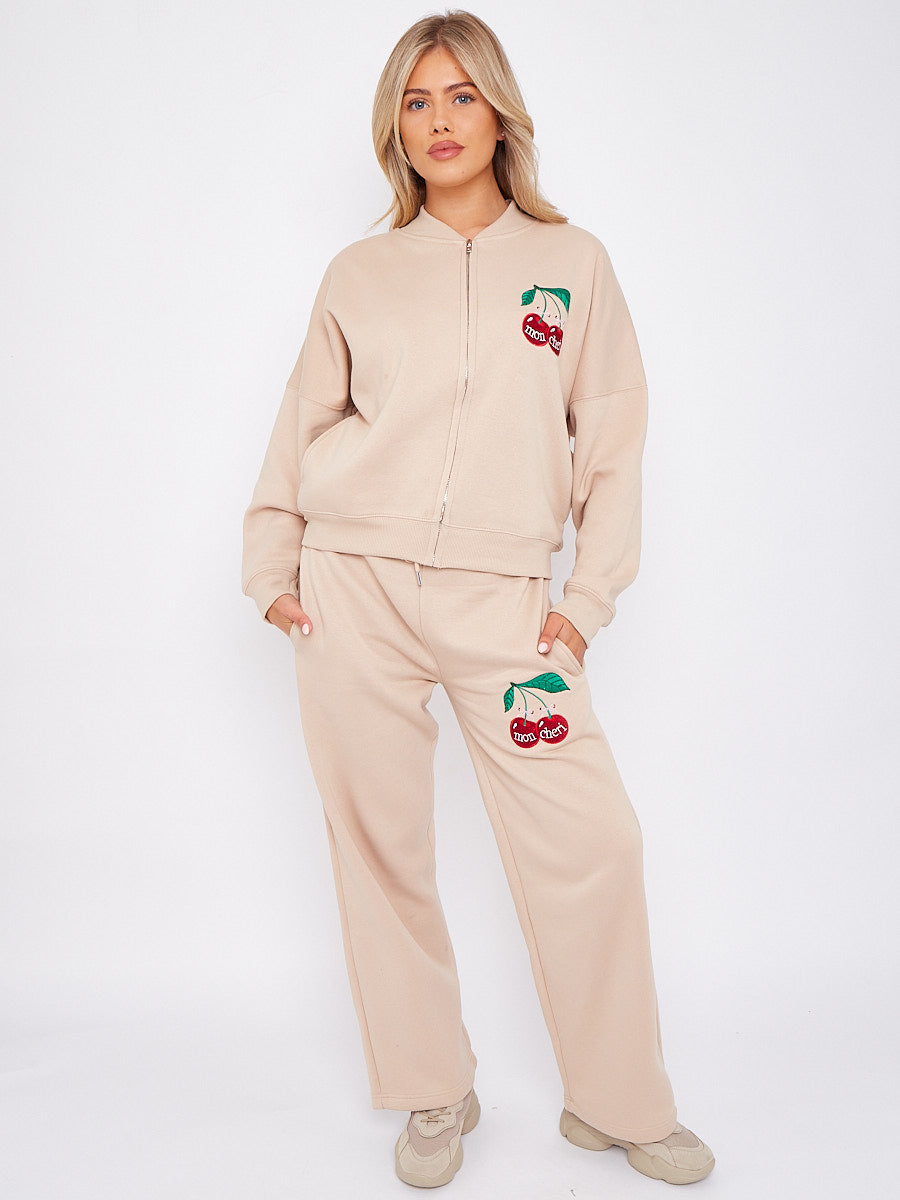 Mon Cheri Embroidered Oversized Bomber Style Fleece Zipper Co-ord