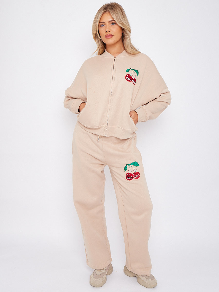 Mon Cheri Embroidered Oversized Bomber Style Fleece Zipper Co-ord