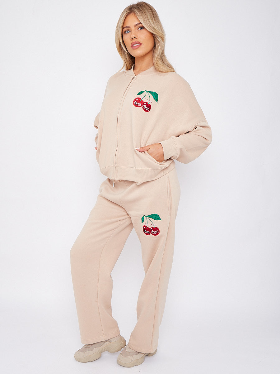 Mon Cheri Embroidered Oversized Bomber Style Fleece Zipper Co-ord