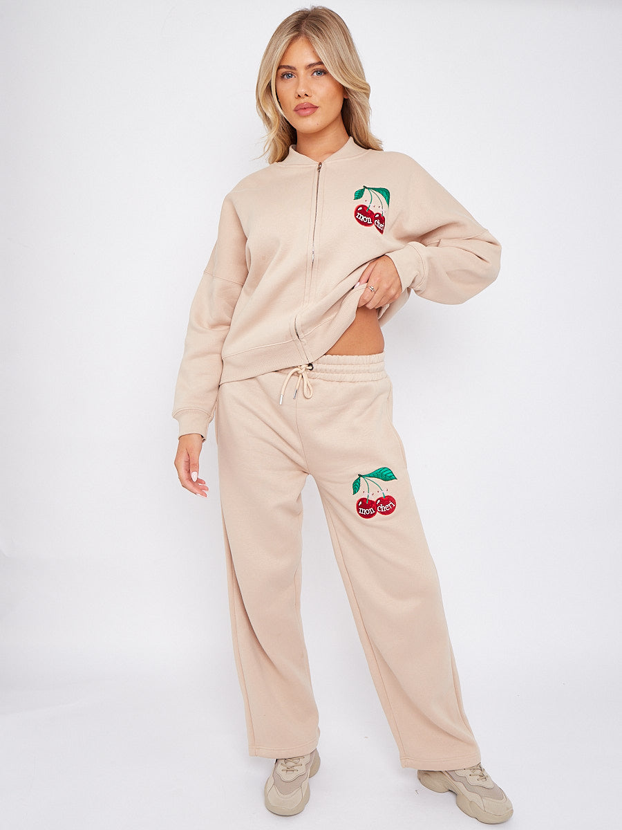 Mon Cheri Embroidered Oversized Bomber Style Fleece Zipper Co-ord